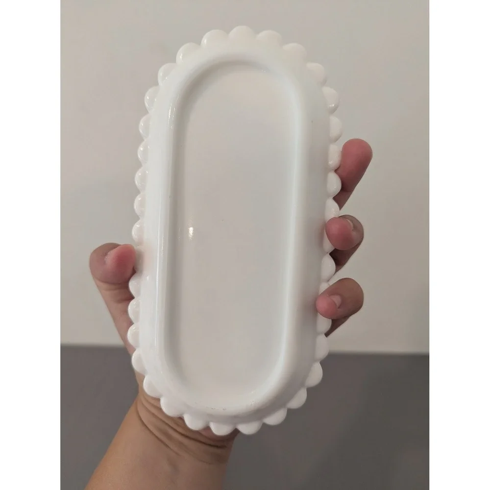 Vintage Fenton ? White Milk Glass Hobnail Butter Dish w/ Scalloped Tray 2 Piece